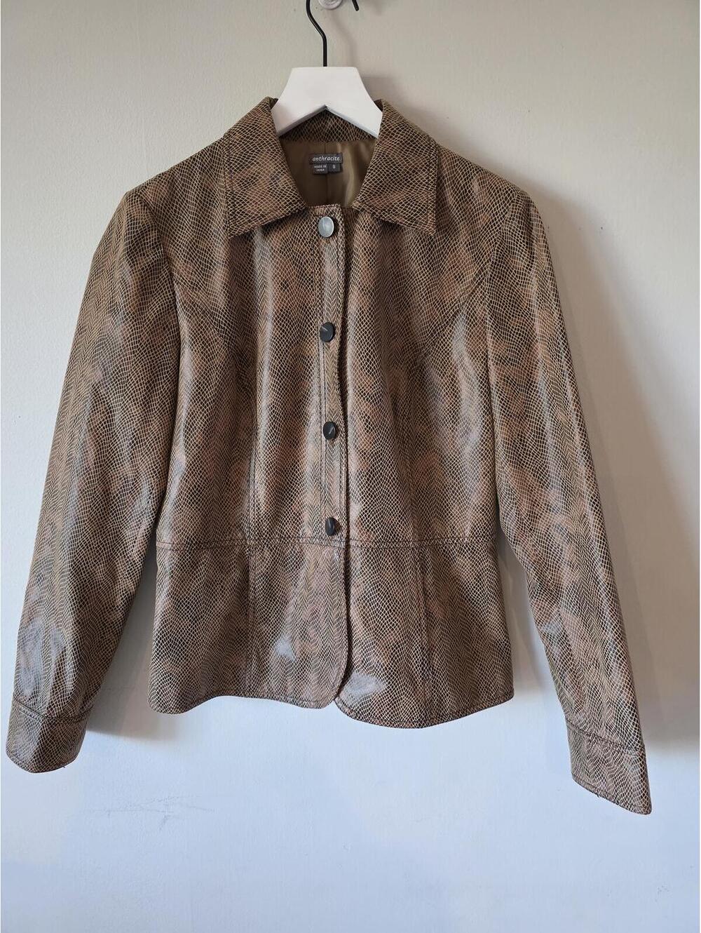 Anthracite Faux Snakeskin Leather Jacket Size 8 Brown Python Print Blazer